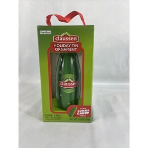 CLAUSSEN GUMMY PICKLE  | Pickle Holiday Tin Ornament With Gummy Candy Inside